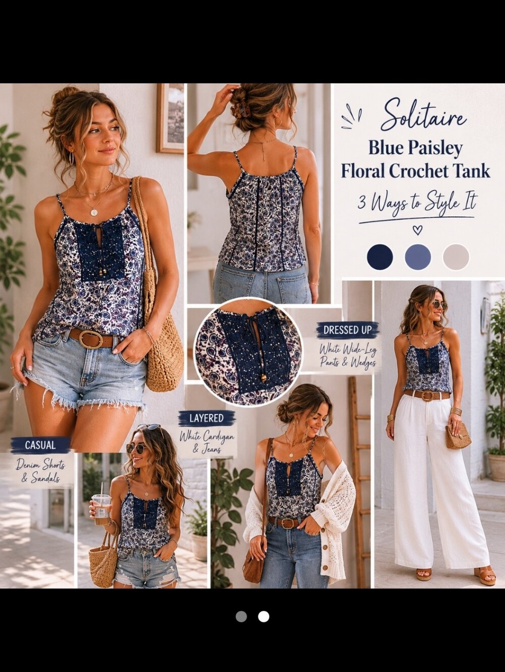 Solitaire ~ Blue Paisley Floral Crochet Detail Tank Top~Size Small